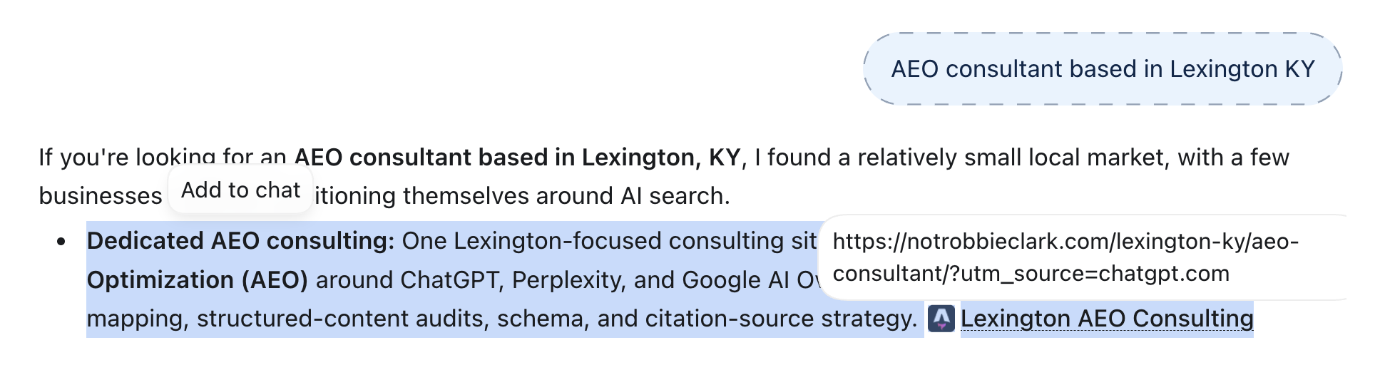 ChatGPT answering “AEO consultant based in Lexington KY.” The first result is a dedicated Lexington AEO consulting site, linked to notrobbieclark.com/lexington-ky/aeo-consultant/ with utm_source=chatgpt.com.