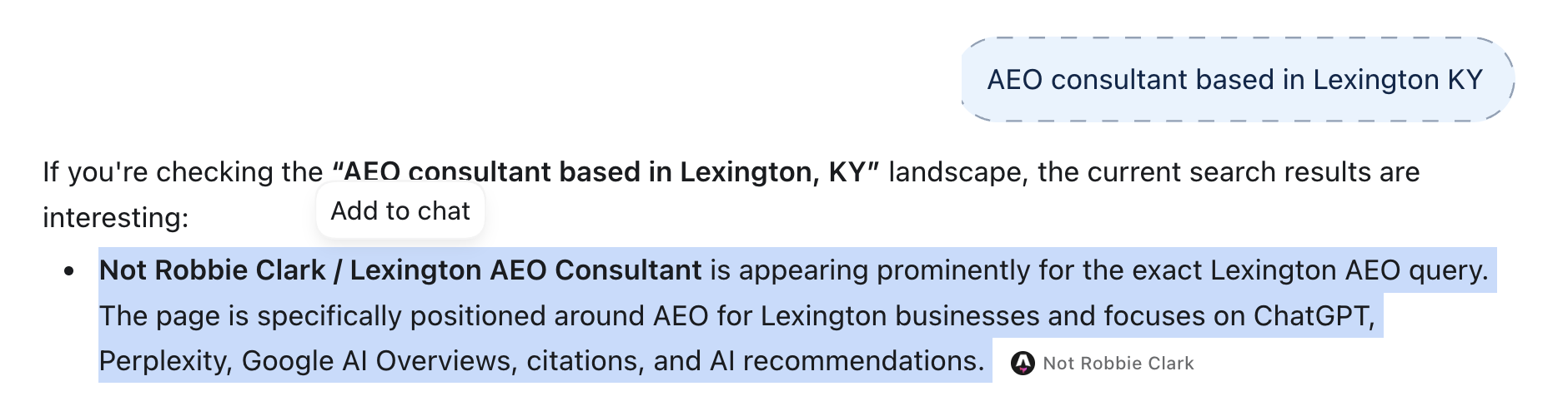 A second ChatGPT run of “AEO consultant based in Lexington KY.” The first result is “Not Robbie Clark / Lexington AEO Consultant,” cited as Not Robbie Clark.