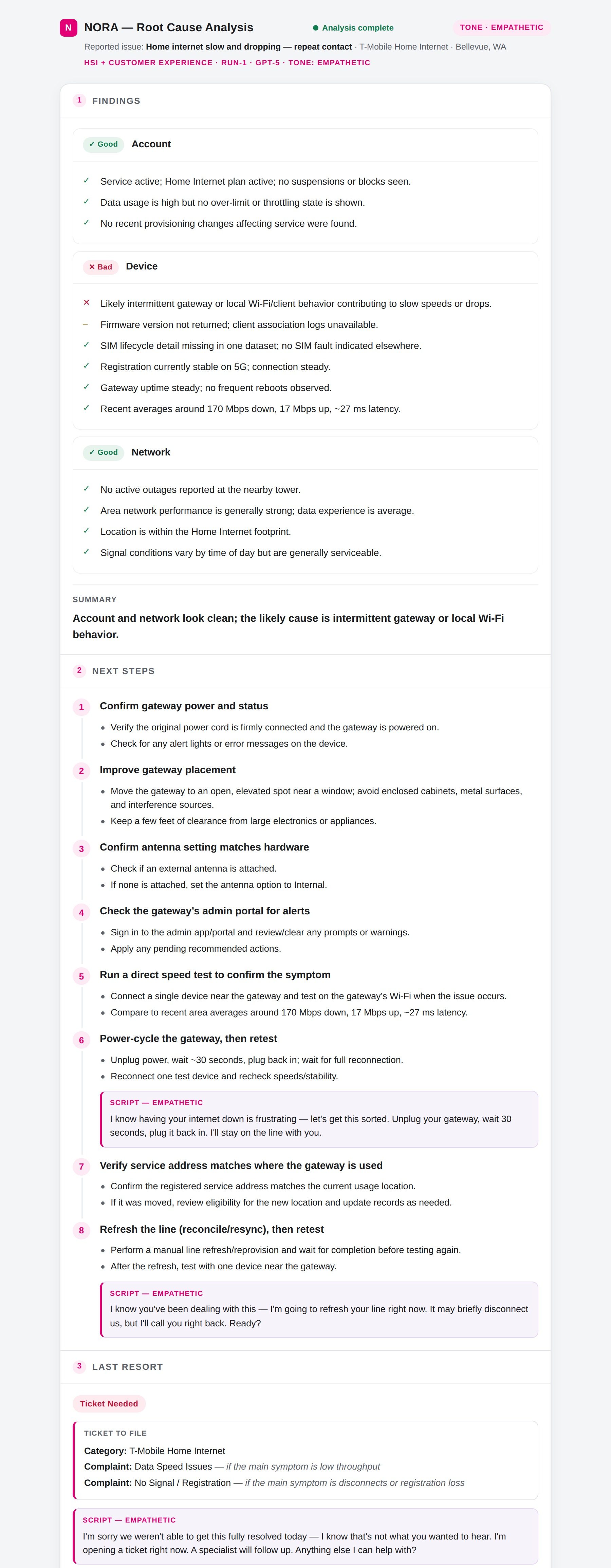 Revised NORA output for a repeat home internet contact: Findings with Good, Bad, and Good category statuses and a one-line summary; eight ranked next steps with empathetic customer scripts; and a Last Resort ticket section.
