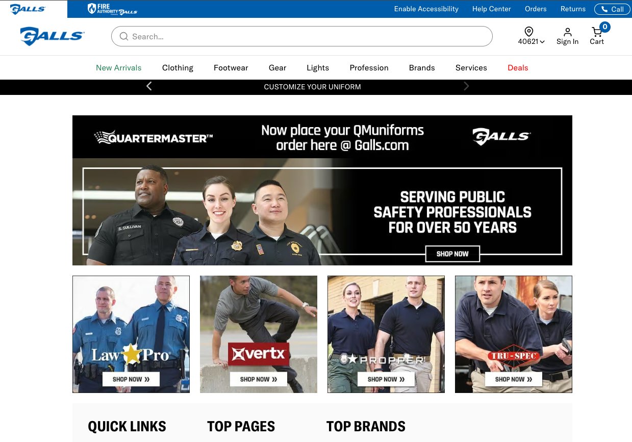 The Galls homepage with a banner reading “Now place your QMuniforms order here @ Galls.com” beside the Quartermaster and Galls logos.