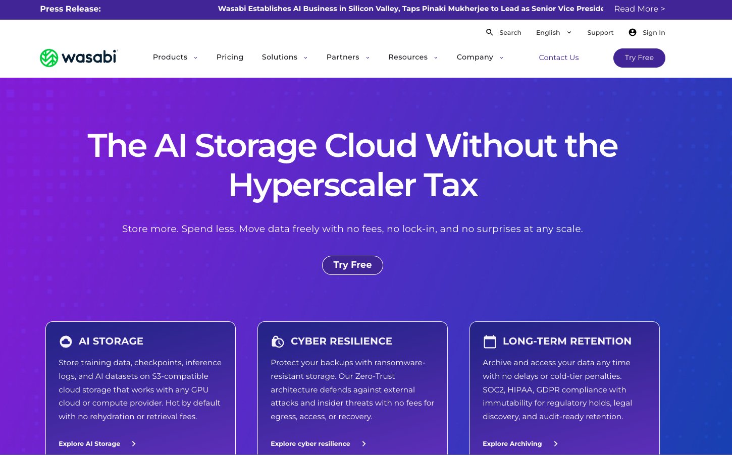 The new Wasabi homepage: purple gradient hero with the headline “The AI Storage Cloud Without the Hyperscaler Tax” and cards for AI Storage, Cyber Resilience and Long-Term Retention.